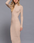 Long Sleeve High Neck Sweater Long Dress-Taupe