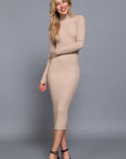 Long Sleeve High Neck Sweater Long Dress-Taupe