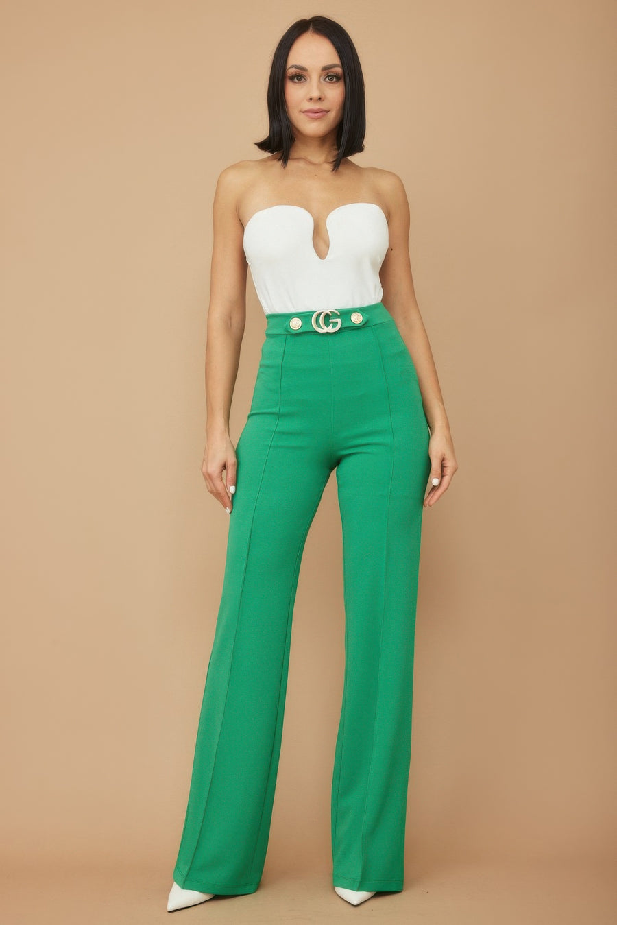 Cg Buckle And Button Detail Pants- Green