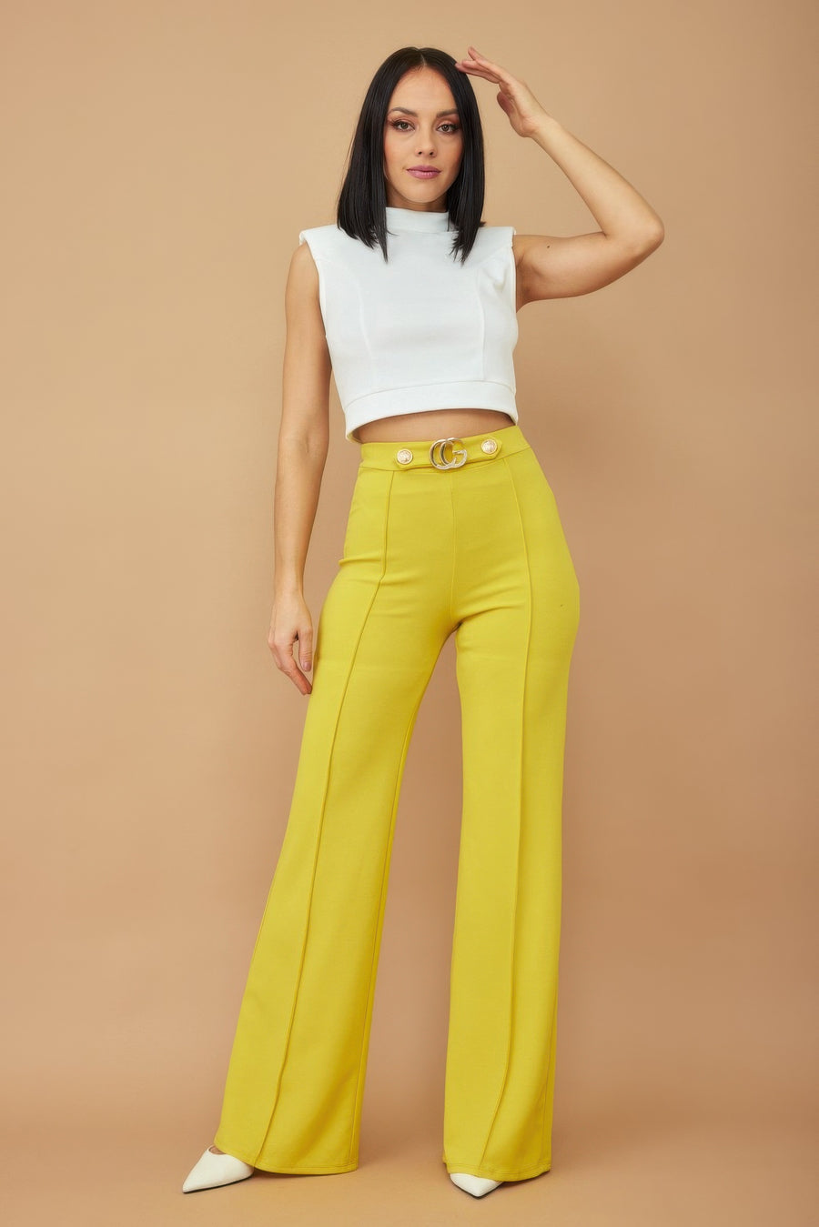 Cg Buckle And Button Detail Pants- Yellow