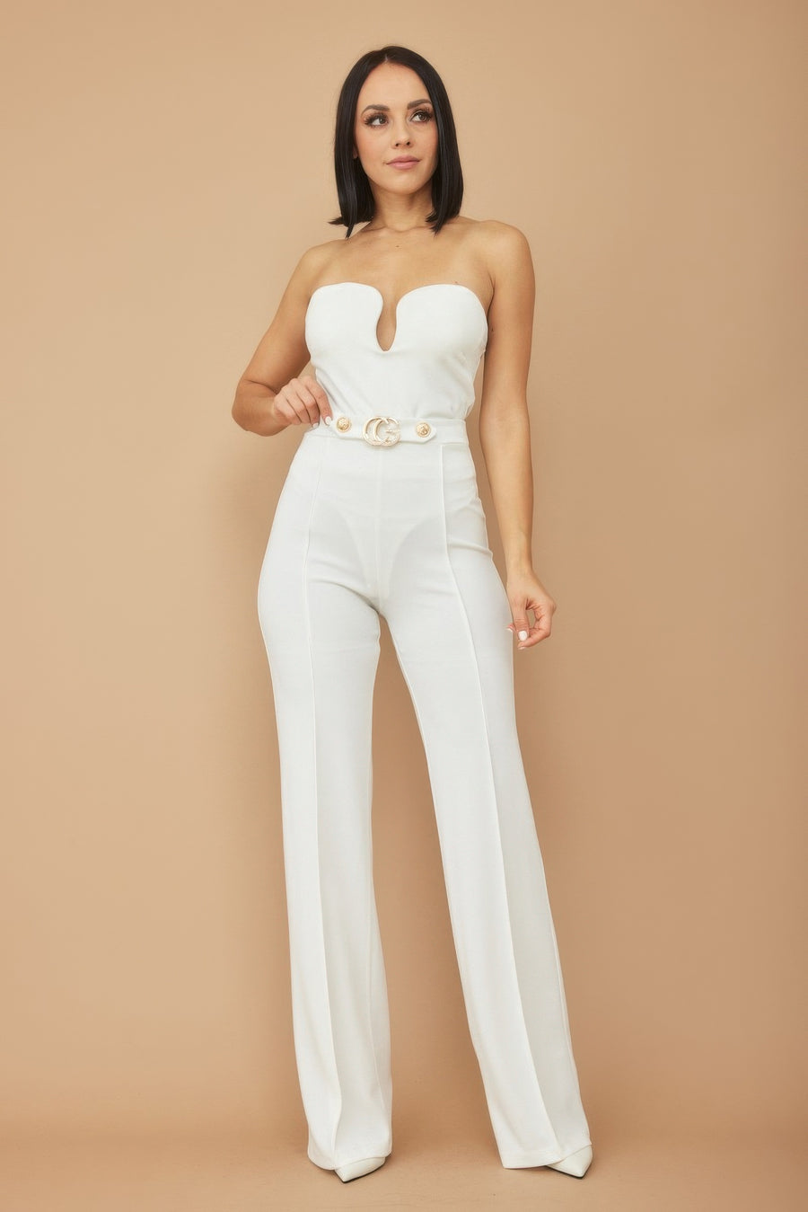 Cg Buckle And Button Detail Pants- White