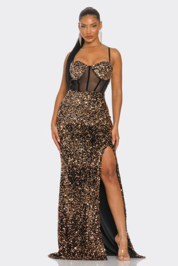 Cecily Teddy Velvet Corset Maxi Dress- Black and Gold