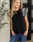 Contrast Flutter Sleeve Top in Black
