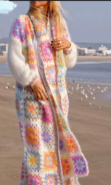 BOHO Colored Plaid Flower Hand Crochet Cardigan