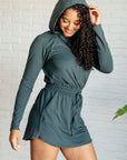 Getting Out Long Sleeve Hoodie Romper in Smoked Spruce