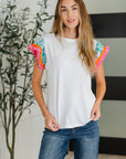 Petals & Poise Floral Flutter Sleeve Top in White