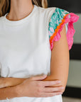 Petals & Poise Floral Flutter Sleeve Top in White