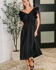 Pinstripe Romance V-Neck Ruffle Sleeve Dress in Black