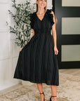 Pinstripe Romance V-Neck Ruffle Sleeve Dress in Black