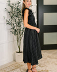 Pinstripe Romance V-Neck Ruffle Sleeve Dress in Black