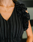 Pinstripe Romance V-Neck Ruffle Sleeve Dress in Black