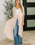 Tropical Print Gauze Kimono with Elastic Waist Tie in Milk Tea