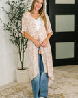 Tropical Print Gauze Kimono with Elastic Waist Tie in Milk Tea