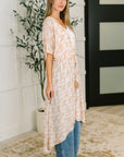 Tropical Print Gauze Kimono with Elastic Waist Tie in Milk Tea