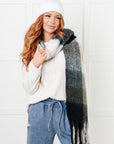 Wanderlust Wrap Oversized Plaid Fringe Scarf in Grey and Jade