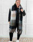 Wanderlust Wrap Oversized Plaid Fringe Scarf in Grey and Jade