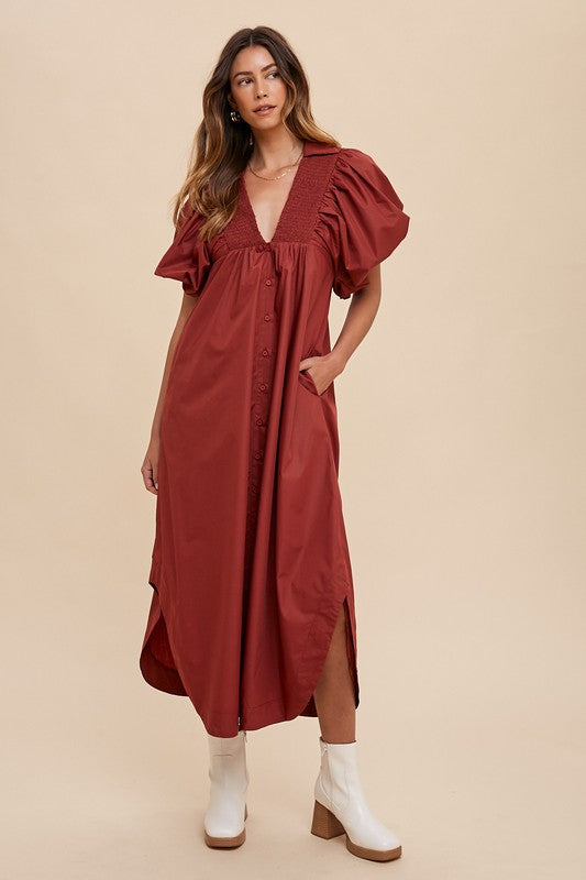 Annie Wear Smocked Puff Sleeve Midi Dress- Burgundy