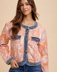 Annie Wear Floral Jacquard Denim Contrast Button Down Jacket- Coral