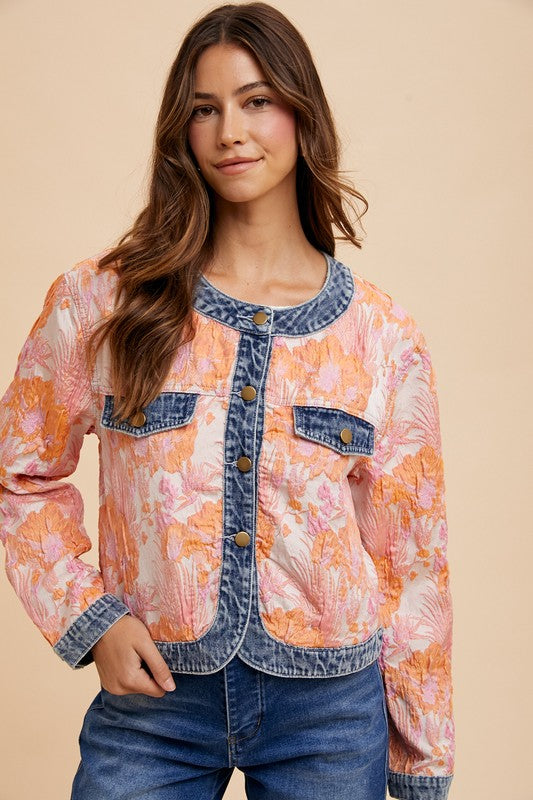 Annie Wear Floral Jacquard Denim Contrast Button Down Jacket- Coral