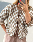 Double Take Tied Checkered Dropped Shoulder Flounce Sleeve Cardigan