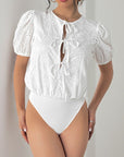 Perfee Tied Eyelet Short Sleeve Bodysuit-white