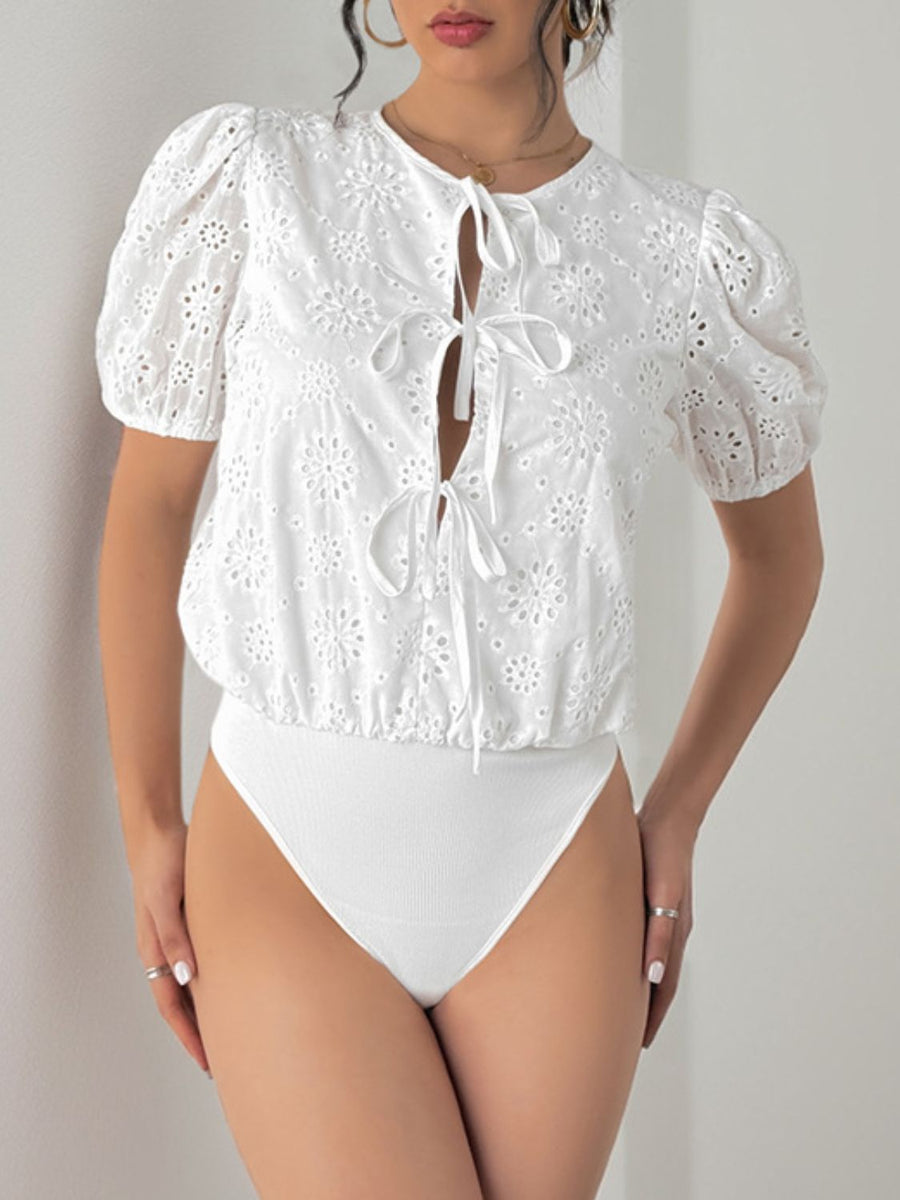 Perfee Tied Eyelet Short Sleeve Bodysuit-white