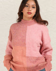 VERY J Color Block Mock Neck Drop Shoulder Sweater-Pink