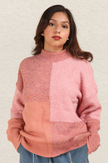 VERY J Color Block Mock Neck Drop Shoulder Sweater-Pink