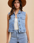 Annie Wear Collared Neck Button Down Denim Vest-medium wash