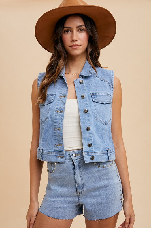 Annie Wear Collared Neck Button Down Denim Vest-medium wash