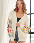 ADORA Plus Size Contrast Crochet Open Front Long Sleeve Cardigan- Ivory