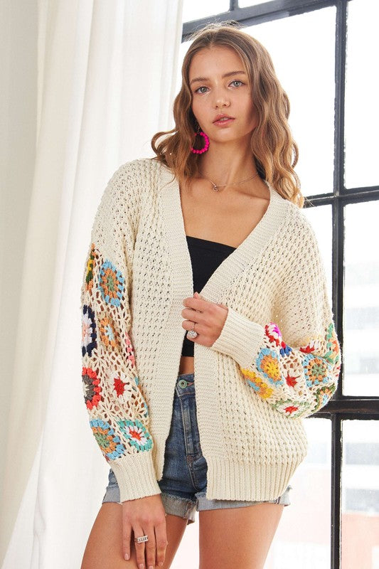 ADORA Plus Size Contrast Crochet Open Front Long Sleeve Cardigan- Ivory