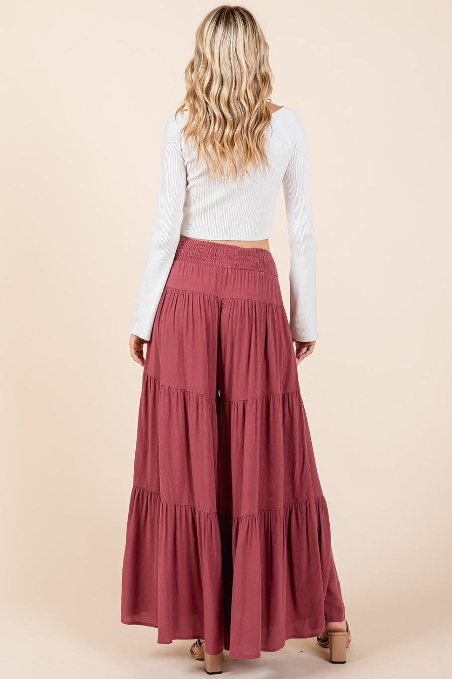 Mittoshop Tier Detail Smocked Elastic Waist Wide Leg Pants- Sienna Rust