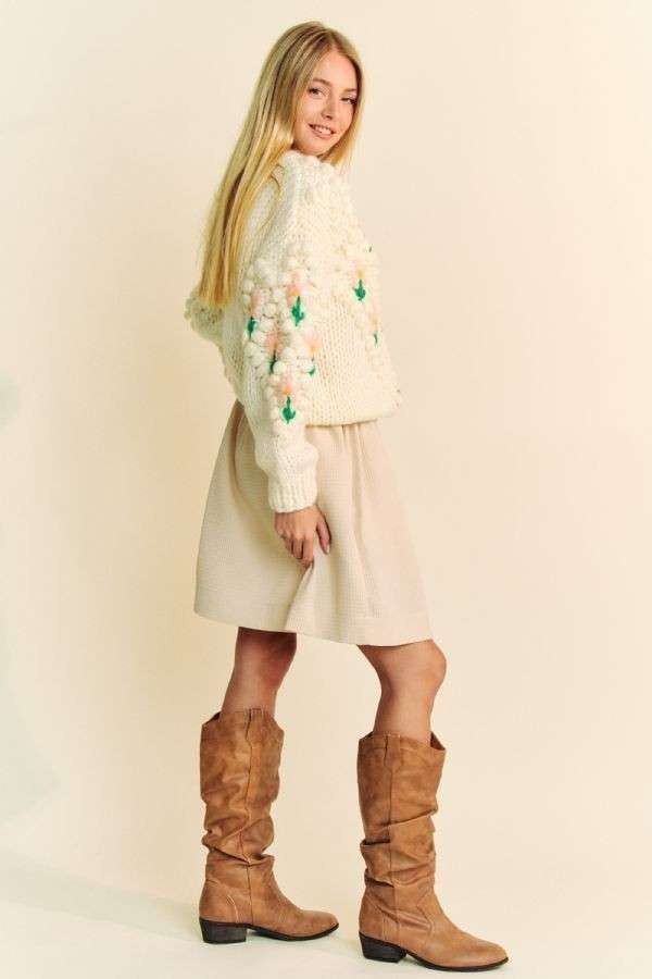 Davi & Dani Floral Pattern Button Down Cardigan- Cream