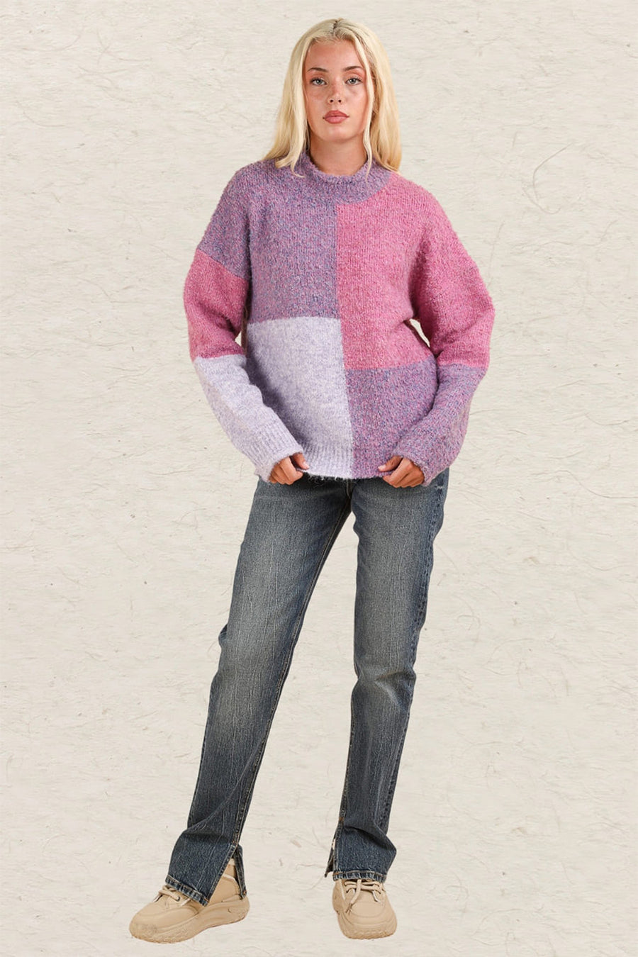 VERY J Color Block Mock Neck Drop Shoulder Sweater-Purpke