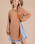 Ces Femme Striped Patchwork Round Neck Terry Sweatshirt Dress