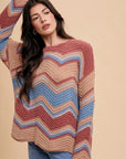 Annie Wear Multi Color Zig-Zag Round Neck Sweater- Rose