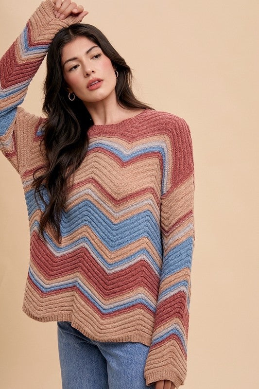 Annie Wear Multi Color Zig-Zag Round Neck Sweater- Rose