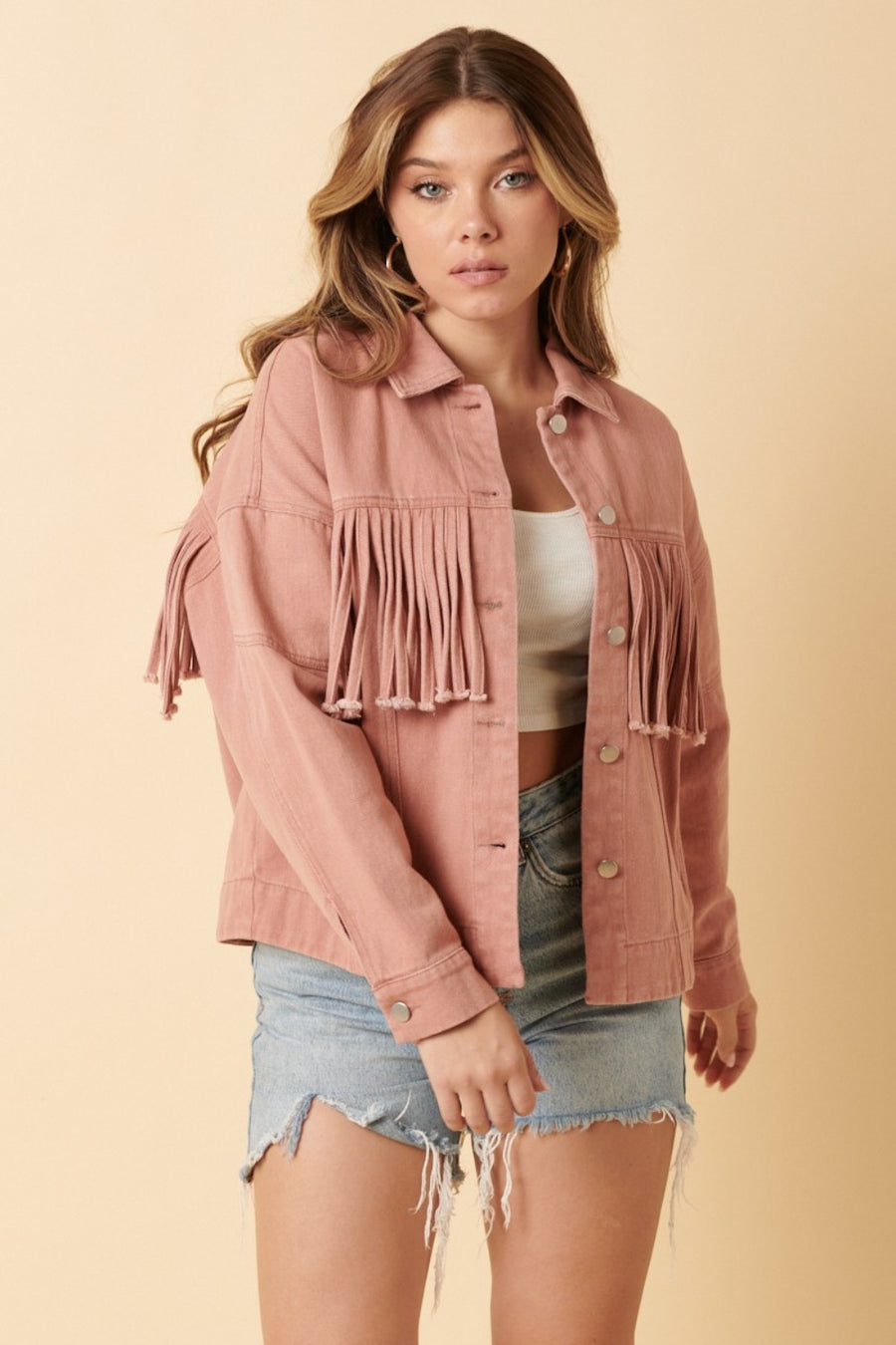 Mittoshop Fringe Detail Cotton Twill Jacket in Dusty Blush