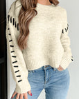 Contrast Stitch Detail Ribbed Trim Sweater- Ivory