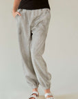 Davi & Dani Rhinestone Elastic Waist Joggers-Light Gray