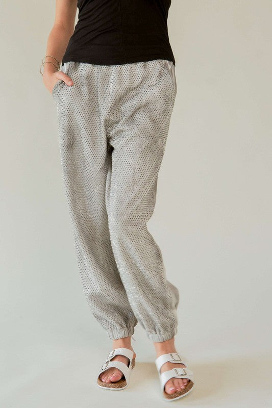 Davi & Dani Rhinestone Elastic Waist Joggers-Light Gray