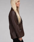 Sleek Pu Leather Blazer with Front Closure