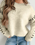 Contrast Stitch Detail Ribbed Trim Sweater- Ivory