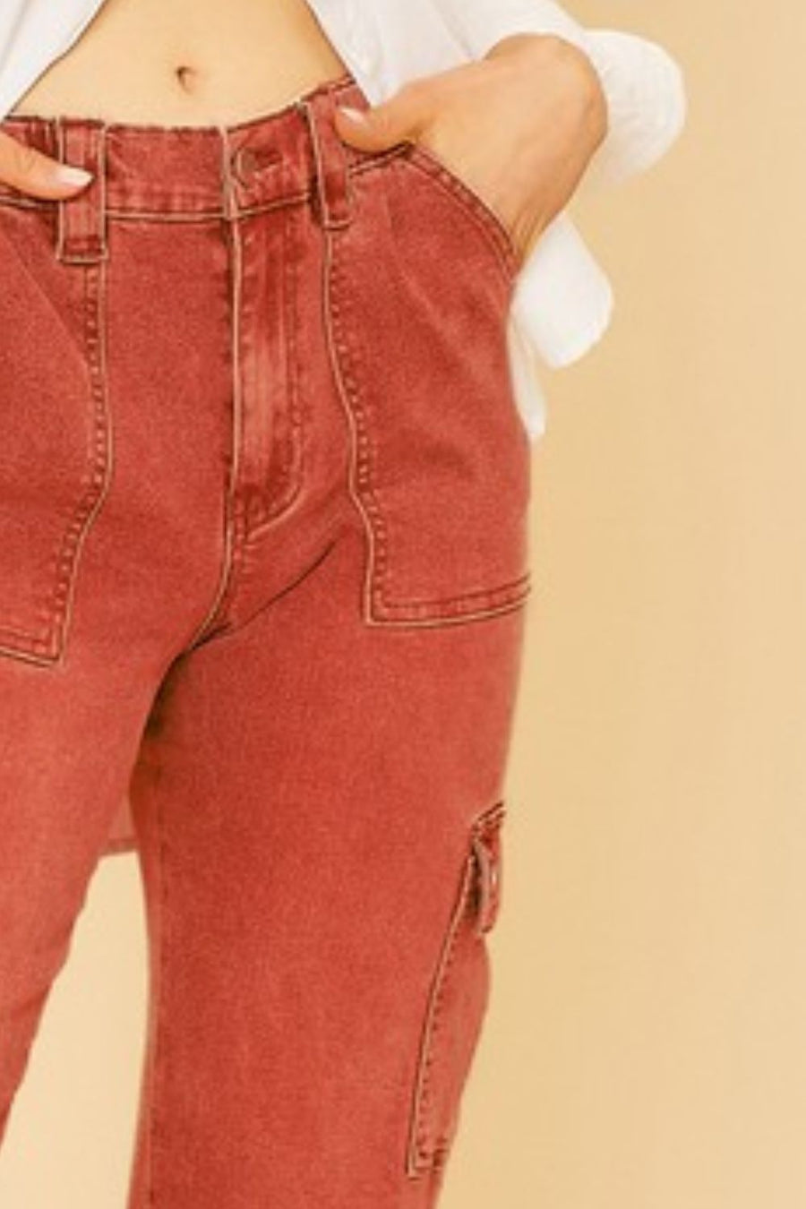 Annie Wear Straight Leg Jeans with Cargo Pockets- Orange Red