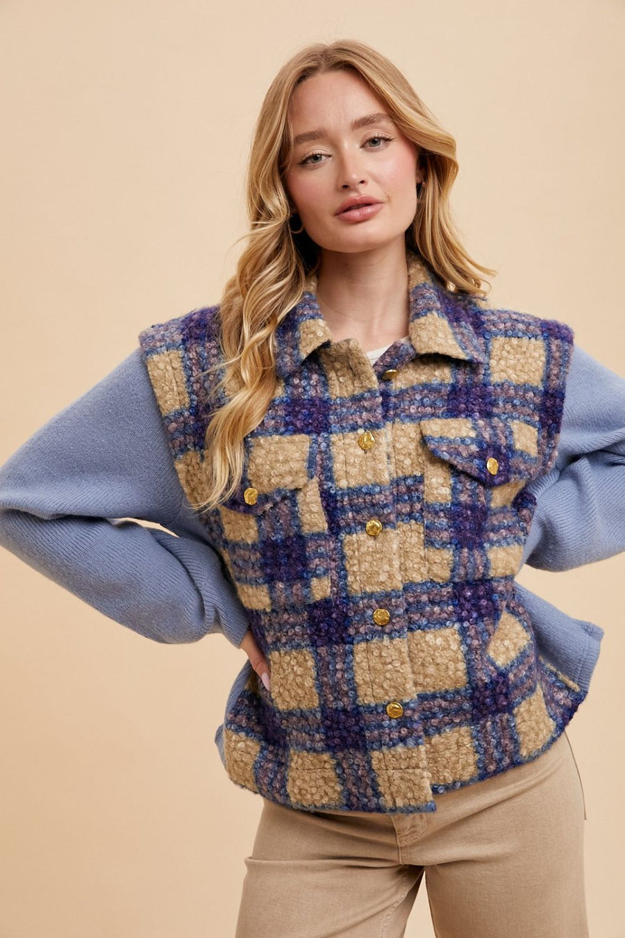 Annie Wear Faux Fur Plaid Button Up Jacket