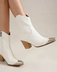 Beast Fashion Faux Leather Block Heel Boots with Side Zippers- White