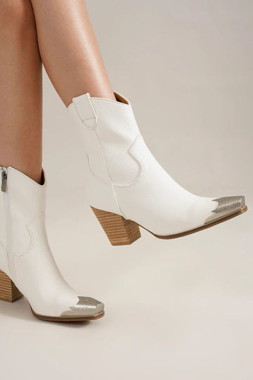 Beast Fashion Faux Leather Block Heel Boots with Side Zippers- White