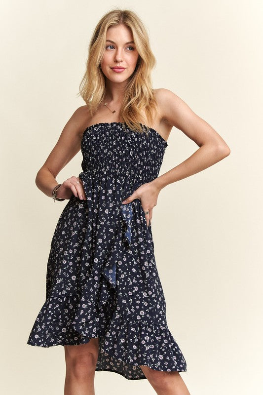 ADORA Smocked Floral Tube Dress with Pockets- Navy floral