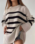 Slit Striped Round Neck Sweater